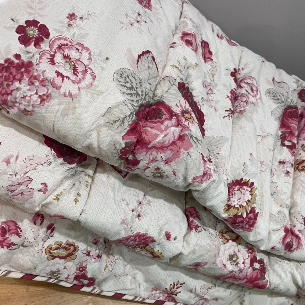 Vtg Waverly Norfolk Rose Full/Queen Comforter Floral Reversible Stripe Burgundy